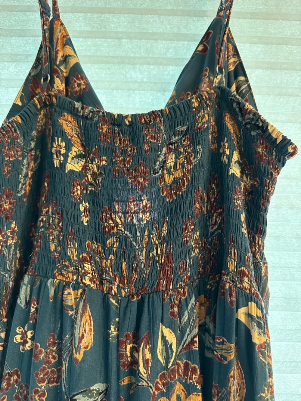 Angie Teal Floral Smocked Dress with Mustard & Rust Accents
